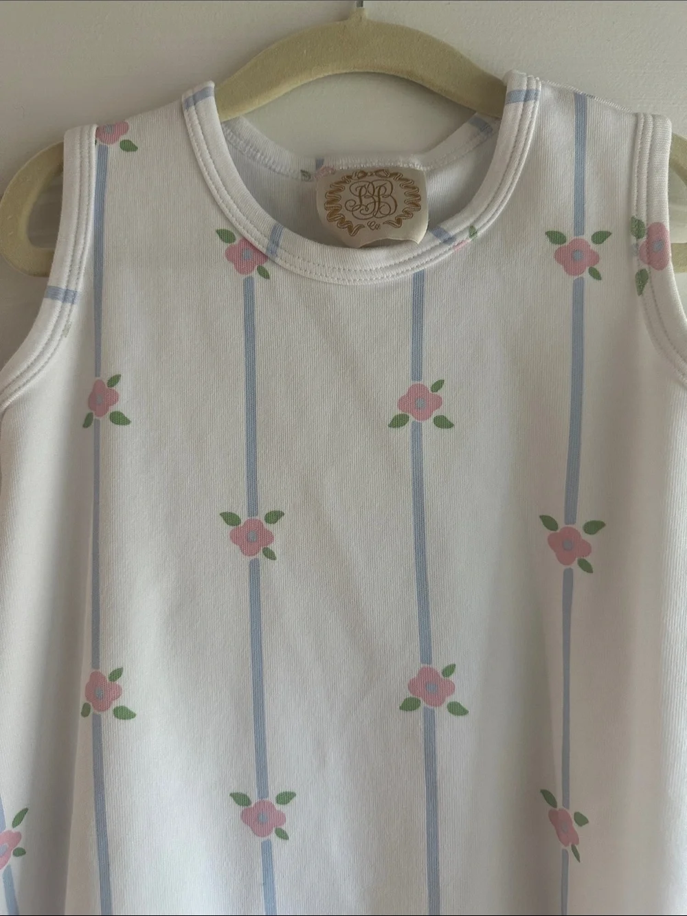 The Beaufort Bonnet Company White Dress with Pink Floral and Blue Stripes